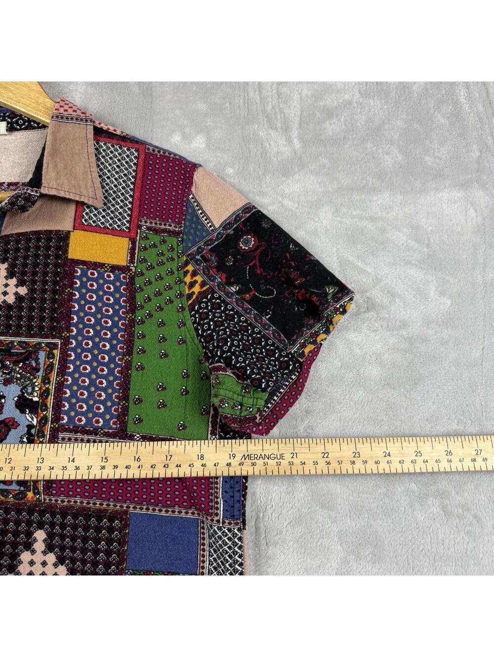 Vintage Patchwork Abstract Casual Button Up Shirt Colorblock Festival Top Size M - Picture 4 of 8